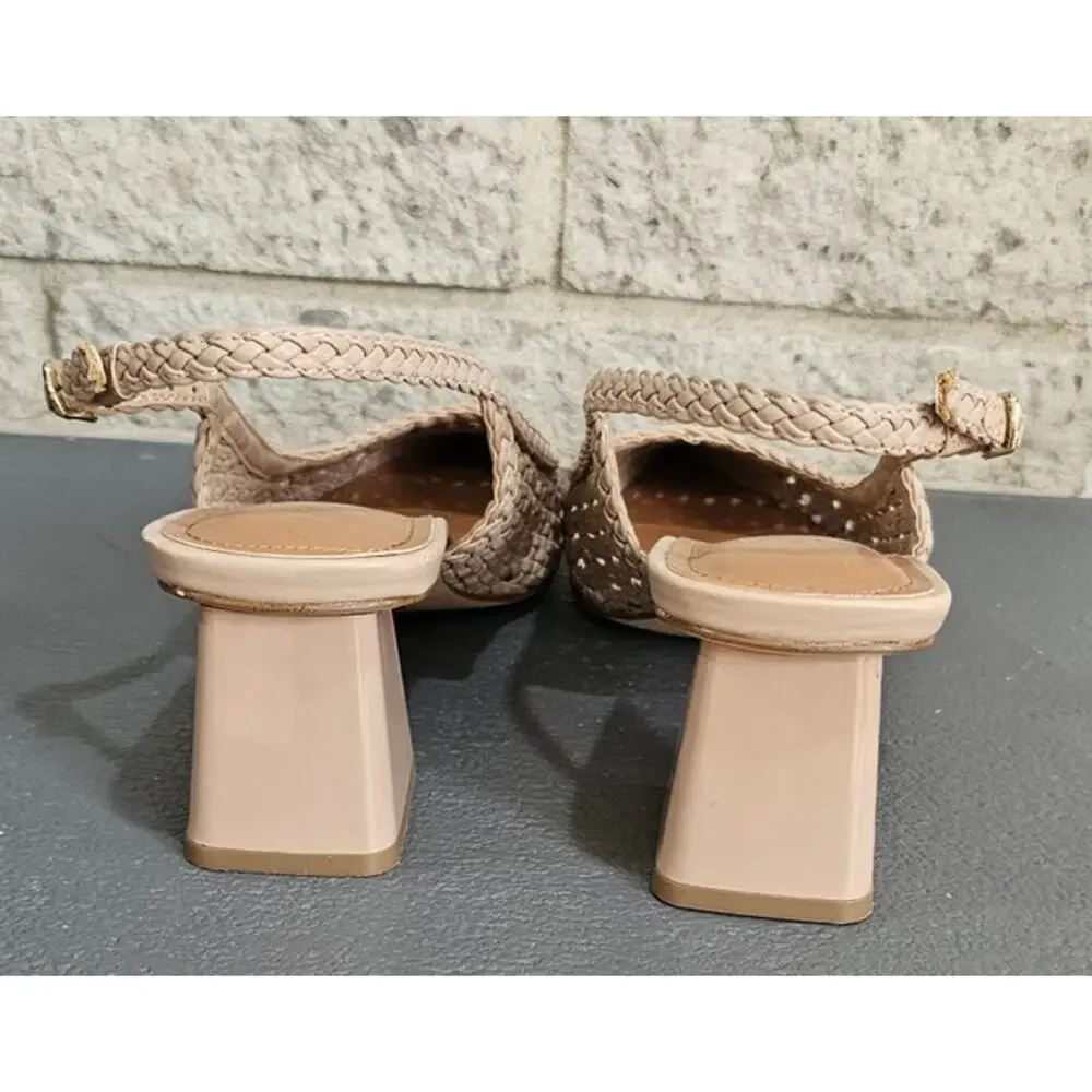 Marc Fisher Zunnie Block Heel Woven Leather Slingback Pump, Pointed Toe, Sz 8.5